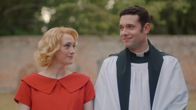 Charlotte Richie as Bonnie and Tom Brittney as Will standing side by side in Grantchester Season 8